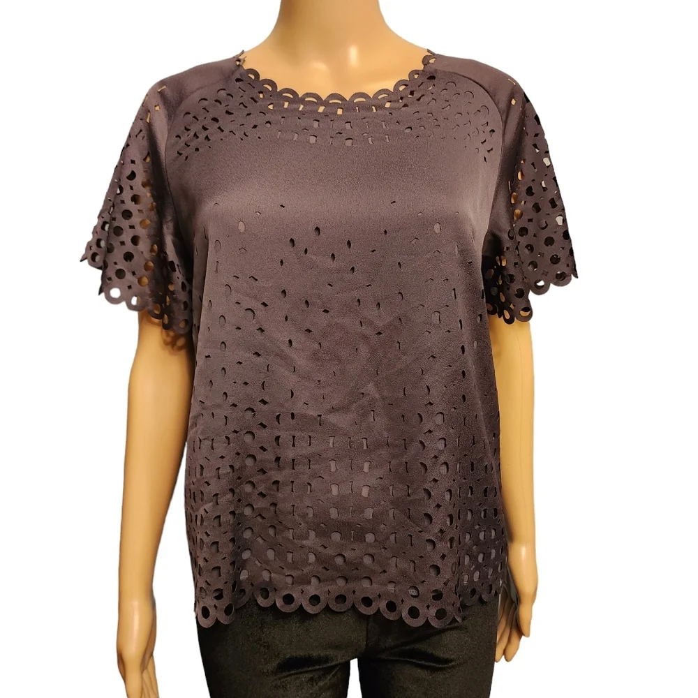 Banana Republic Gray Laser Cut Short Sleeve Blouse - Picture 1 of 12